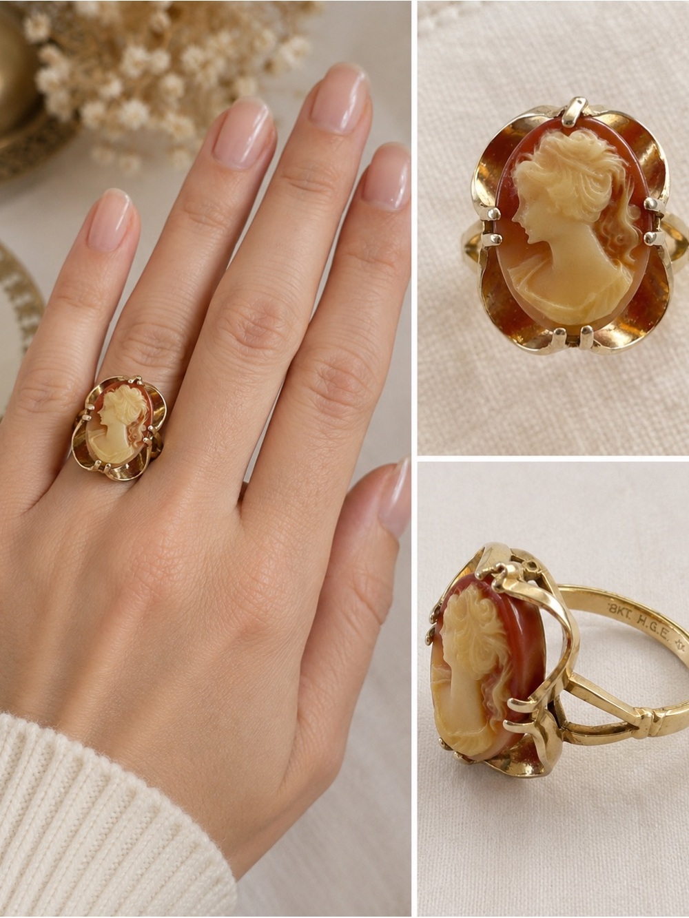 Vintage Cameo Ring Size 6| 18KT HGE Gold Electroplate | Statement Cocktail Ring
